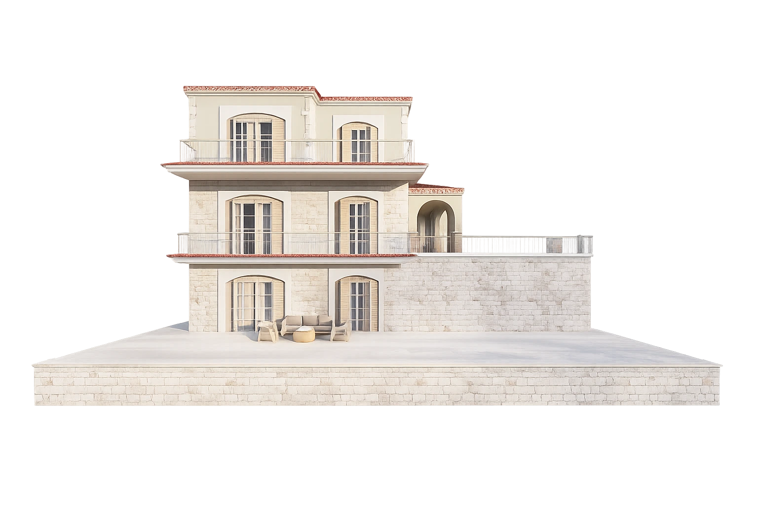 Tamamlanmış üç katlı taş villa